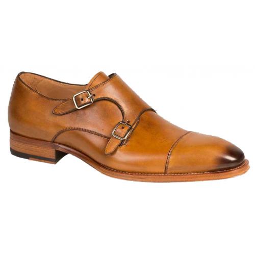Mezlan "Cajal" 6658 Honey Genuine Burnished Italian Calfskin Cap Toe Double Monk Strap Loafer Shoes.